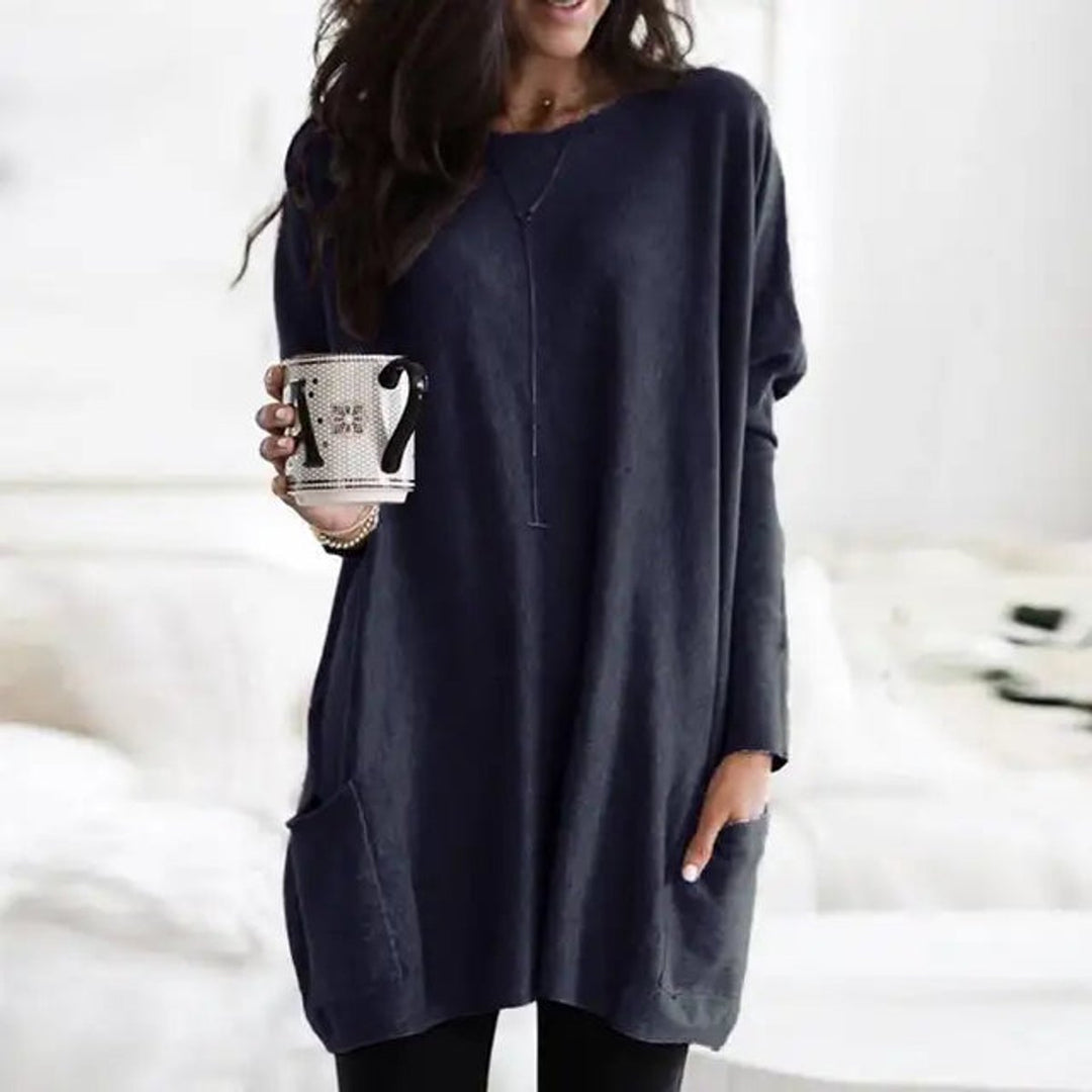Damen Oversized Langarm-Tunika Pullover mit Taschen