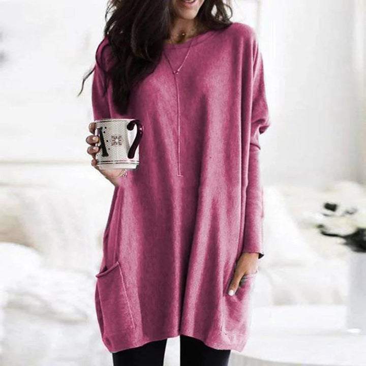 Damen Oversized Langarm-Tunika Pullover mit Taschen - Rosa