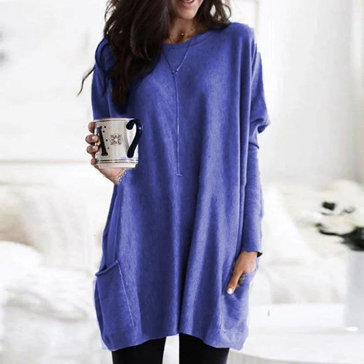Damen Oversized Langarm-Tunika Pullover mit Taschen - Blau