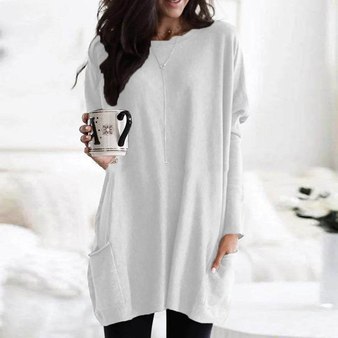 Damen Oversized Langarm-Tunika Pullover mit Taschen - Weiß