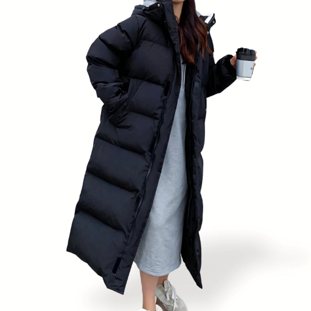 Damen Oversized Lange Daunenjacke mit Kapuze Puffer Jacket - Schwarz