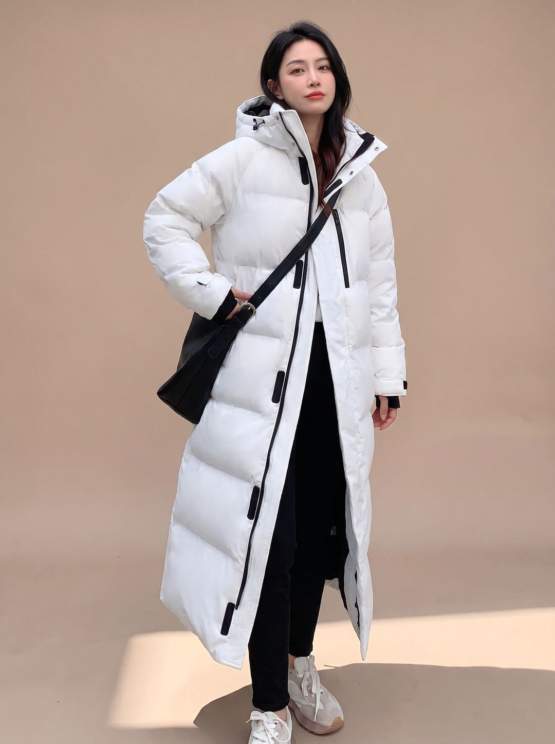 Damen Oversized Lange Daunenjacke mit Kapuze Puffer Jacket - Weiß