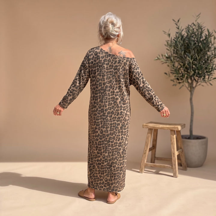 Damen Oversized Leopardenmuster Langarm Midi-Kleid