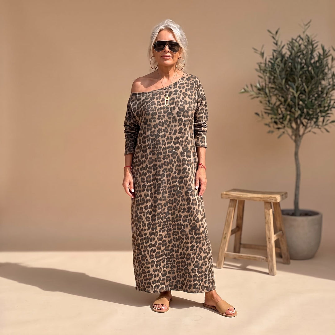 Damen Oversized Leopardenmuster Langarm Midi-Kleid