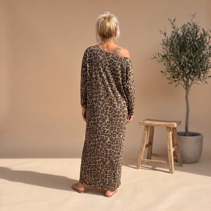Damen Oversized Leopardenmuster Langarm Midi-Kleid