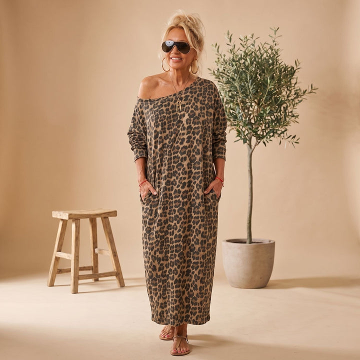 Damen Oversized Leopardenmuster Langarm Midi-Kleid