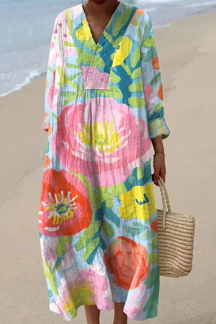 Damen Oversized Linen Maxi-Kleid mit Blumendruck und V-Ausschnitt