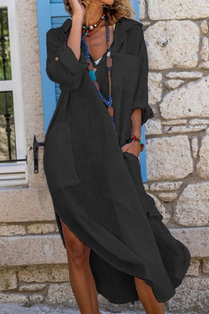 Damen Oversized Linen Midi-Sommerkleid V-Ausschnitt - Black