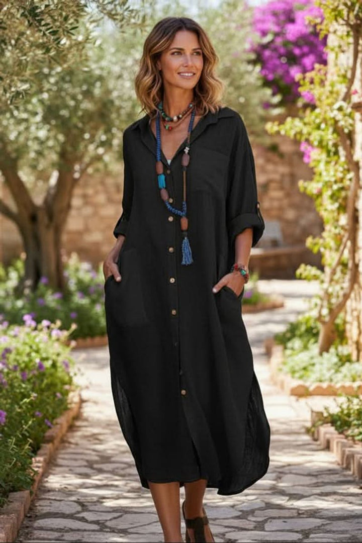 Damen Oversized Linen Midi-Sommerkleid V-Ausschnitt