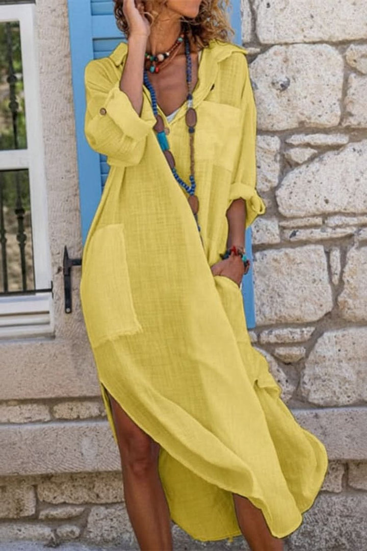 Damen Oversized Linen Midi-Sommerkleid V-Ausschnitt - Yellow