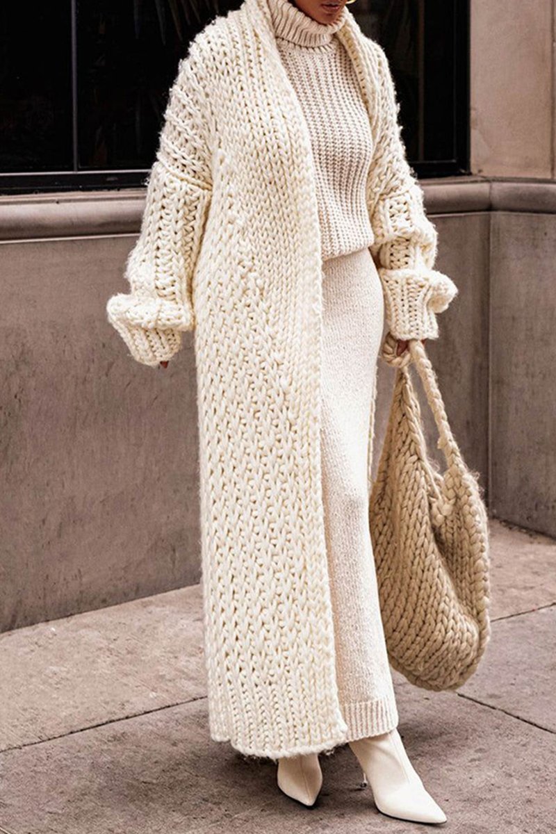 Damen Oversized Longline Grobstrick Cardigan Offen - Beige