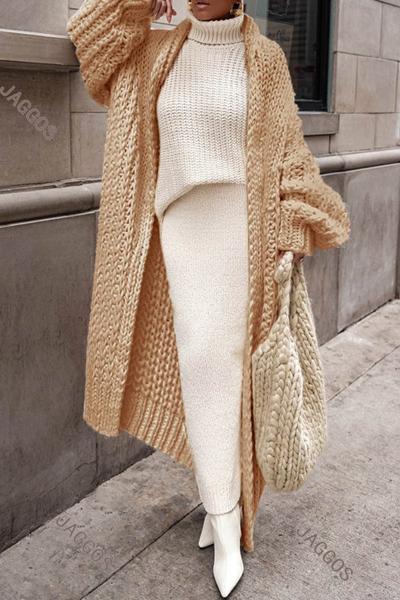 Damen Oversized Longline Grobstrick Cardigan Offen - Brown