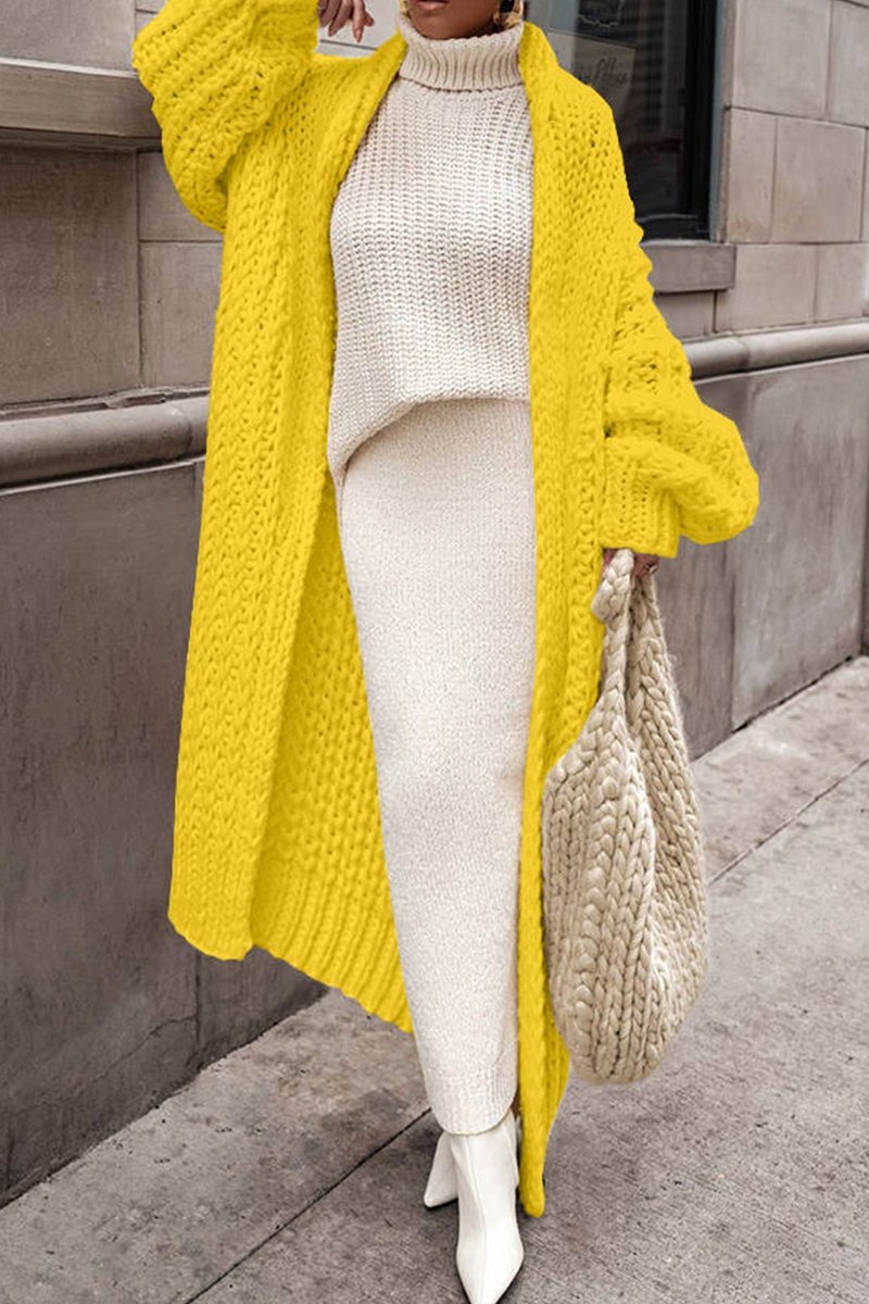 Damen Oversized Longline Grobstrick Cardigan Offen - Yellow