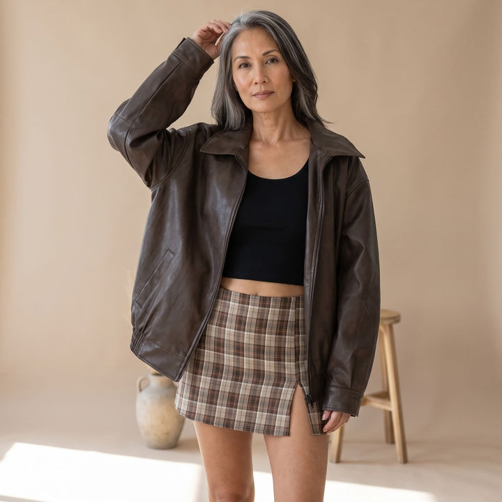 Damen Oversized PU-Leder Bomberjacke mit Reißverschluss
