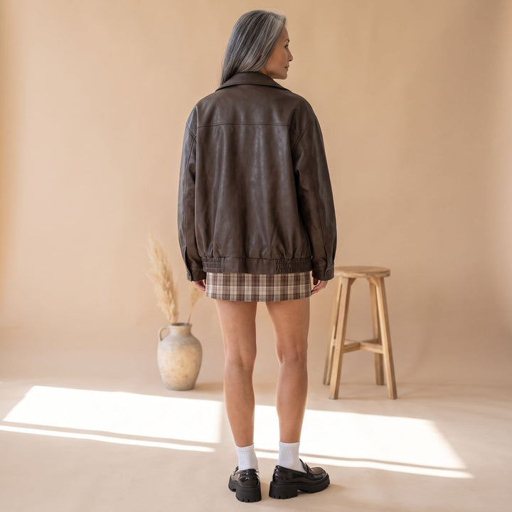 Damen Oversized PU-Leder Bomberjacke mit Reißverschluss
