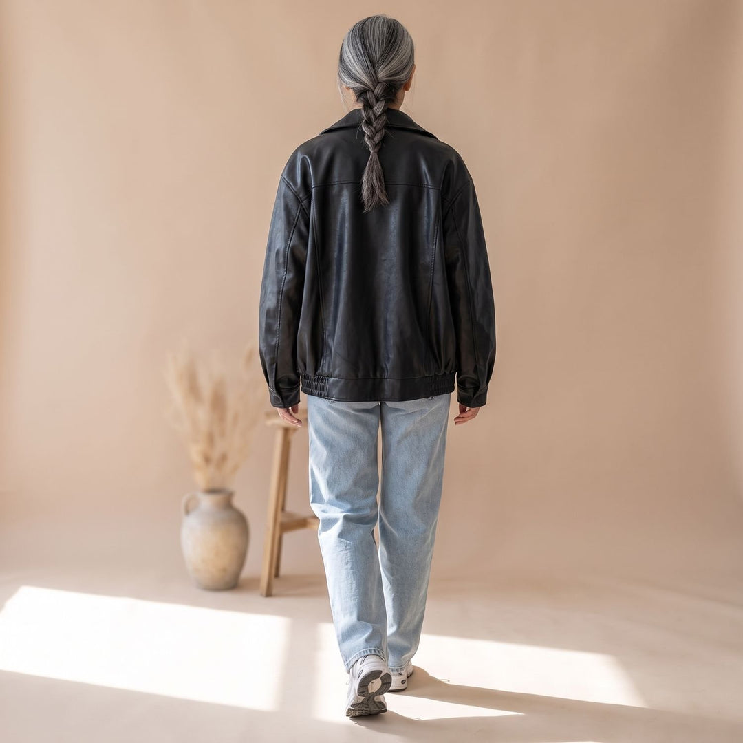 Damen Oversized PU-Leder Bomberjacke mit Reißverschluss