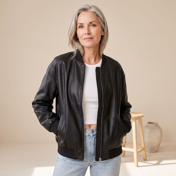 Damen Oversized PU-Leder Bomberjacke mit Reißverschluss