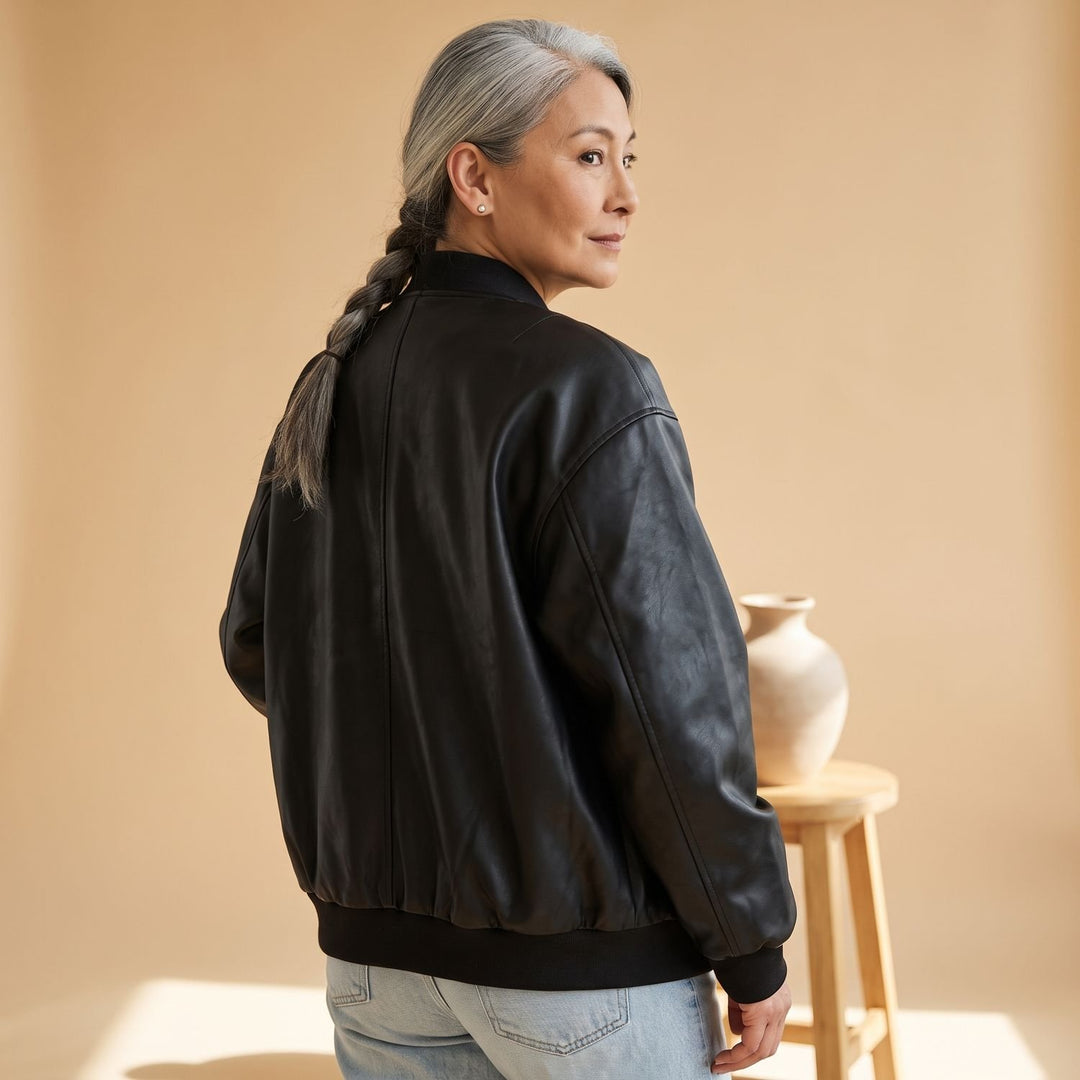 Damen Oversized PU-Leder Bomberjacke mit Reißverschluss