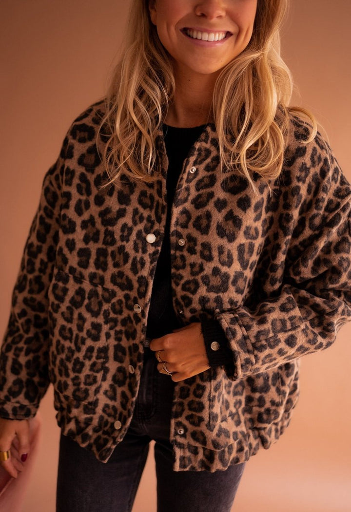 Damen Oversized Quilted Jacket Leopardenmuster Druckknopf - Leopardenmuster