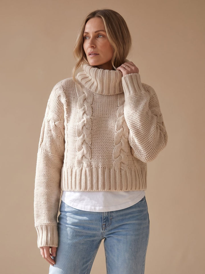 Damen Oversized Rollkragen Grobstrick Zopfmuster Pullover - Grau
