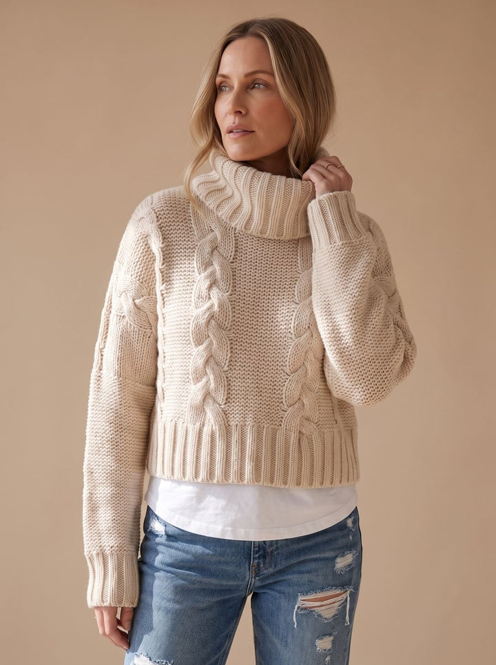 Damen Oversized Rollkragen Grobstrick Zopfmuster Pullover - Weiß