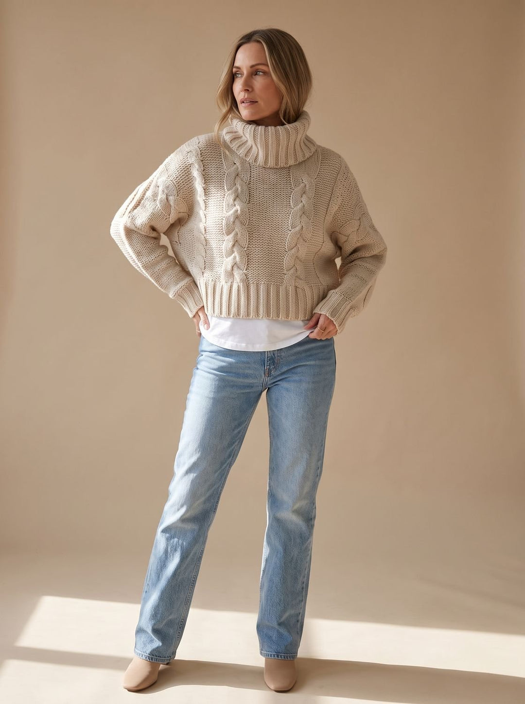 Damen Oversized Rollkragen Grobstrick Zopfmuster Pullover - Khaki