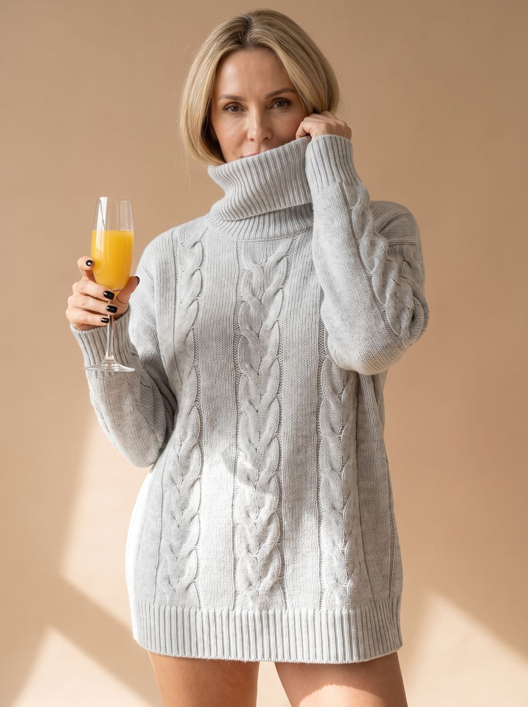 Damen Oversized Rollkragen Grobstrick Zopfmuster Pullover