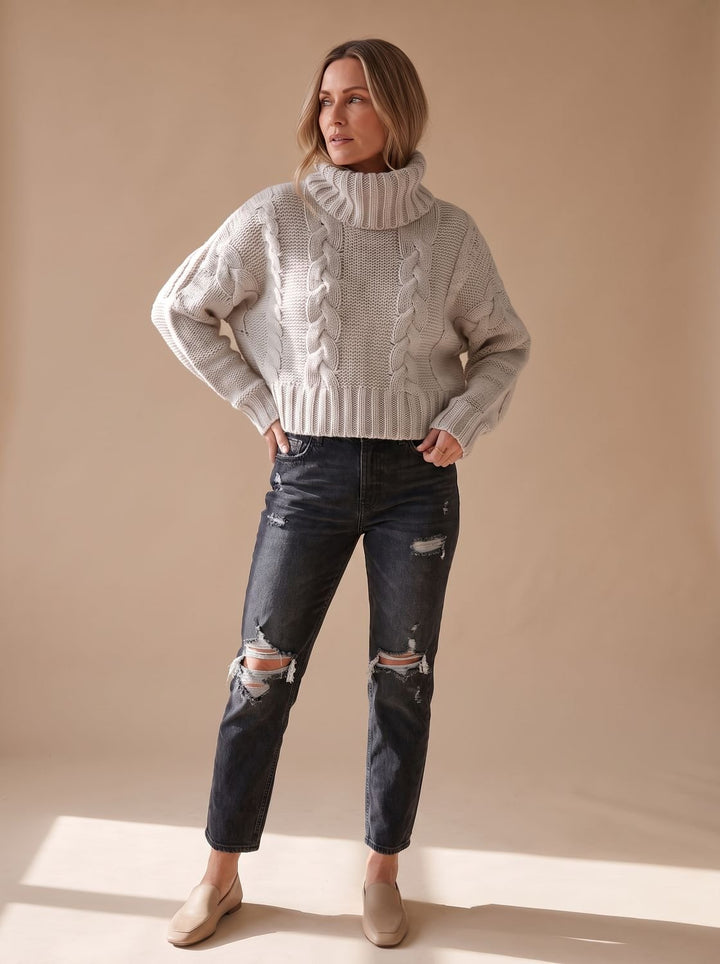 Damen Oversized Rollkragen Grobstrick Zopfmuster Pullover