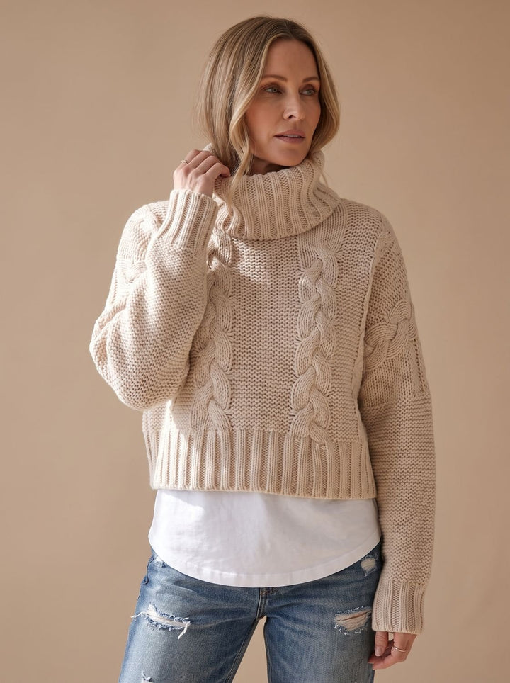 Damen Oversized Rollkragen Grobstrick Zopfmuster Pullover