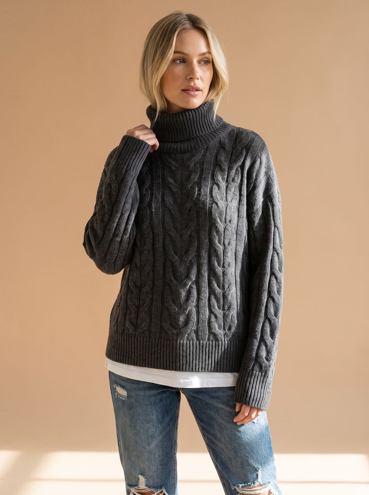 Damen Oversized Rollkragen Grobstrick Zopfmuster Pullover