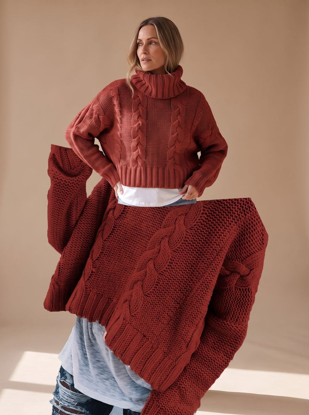 Damen Oversized Rollkragen Grobstrick Zopfmuster Pullover