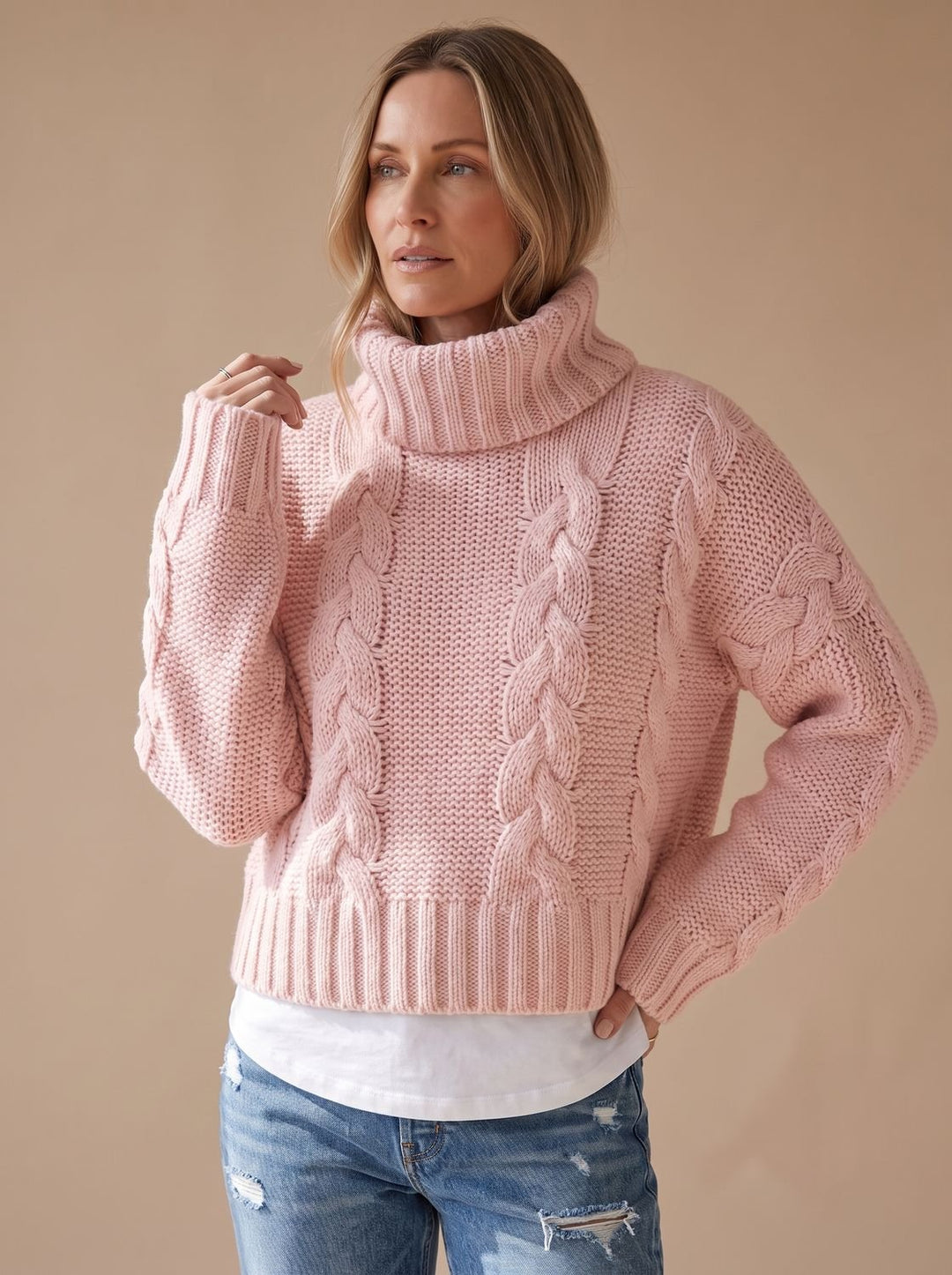 Damen Oversized Rollkragen Grobstrick Zopfmuster Pullover