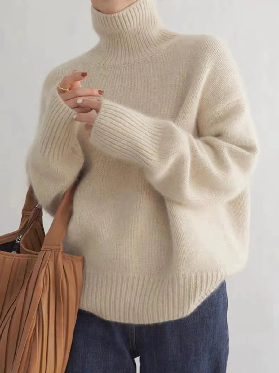 Damen Oversized Rollkragen Knit Sweater aus weicher Wollmischung - Beige