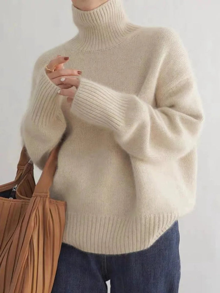 Damen Oversized Rollkragen Knit Sweater aus weicher Wollmischung - Beige