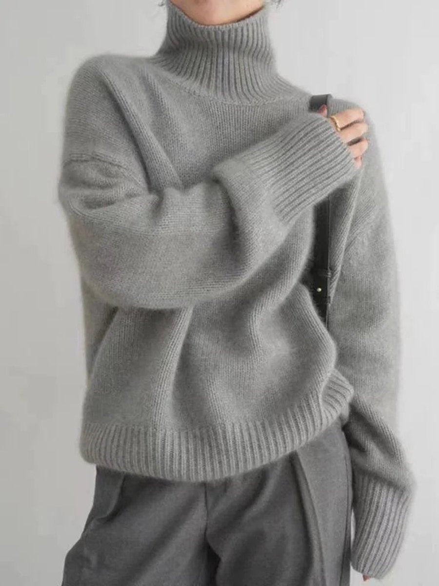Damen Oversized Rollkragen Knit Sweater aus weicher Wollmischung - Grau
