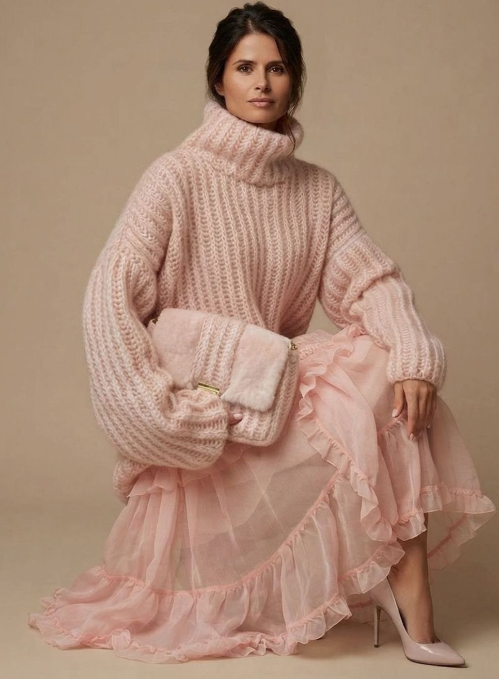Damen Oversized Rollkragen Strickpullover Flauschig Warm