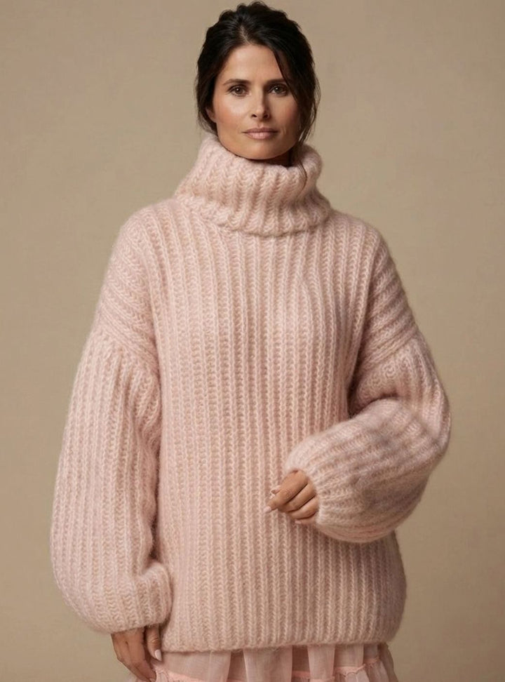 Damen Oversized Rollkragen Strickpullover Flauschig Warm - Rosa