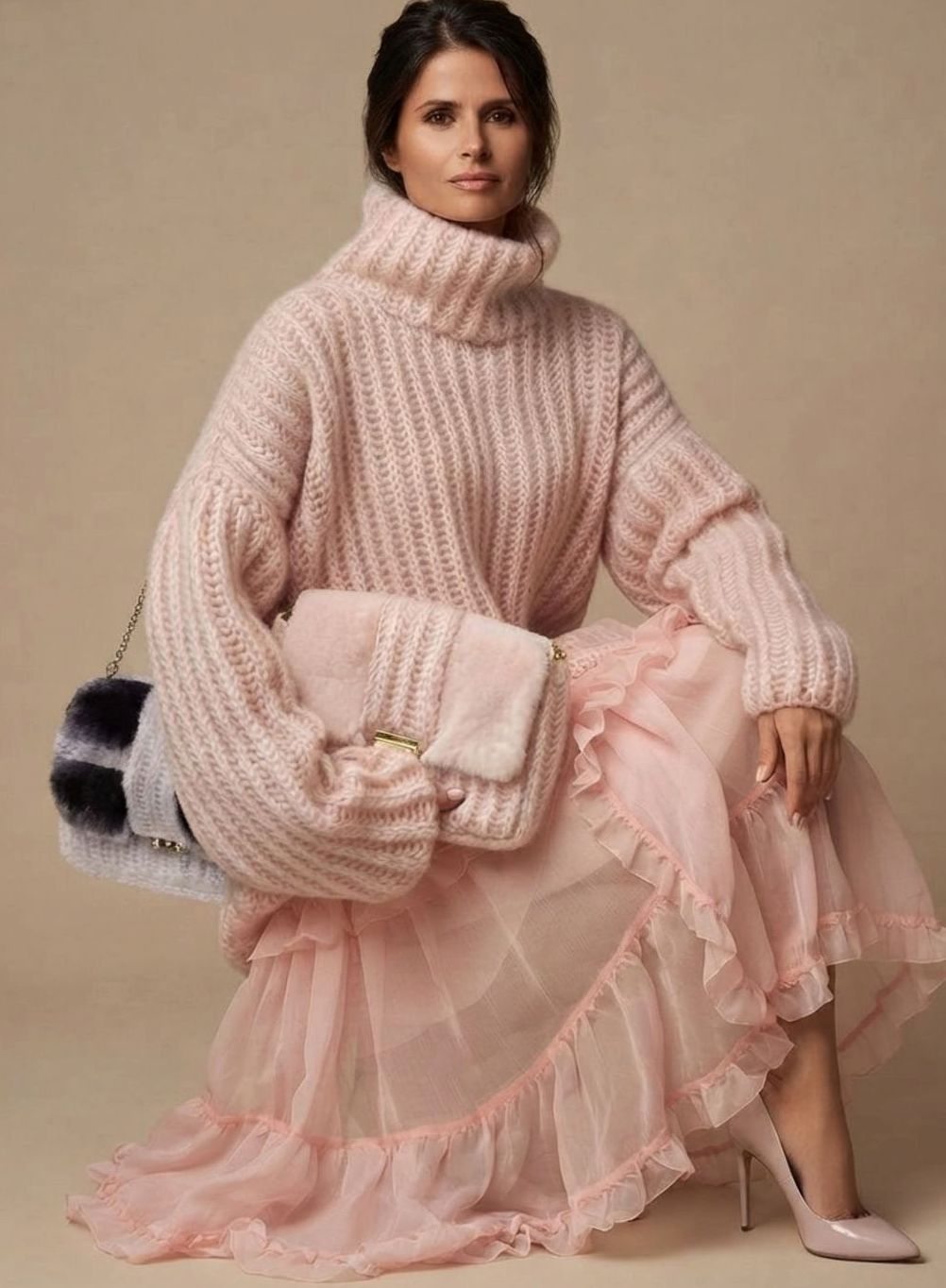 Damen Oversized Rollkragen Strickpullover Flauschig Warm - Weiß