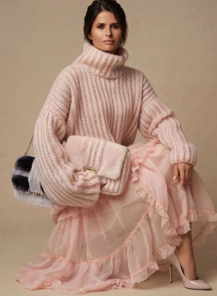 Damen Oversized Rollkragen Strickpullover Flauschig Warm - Weiß