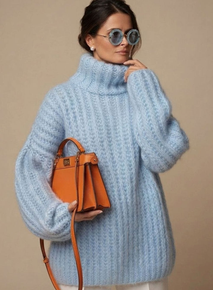 Damen Oversized Rollkragen Strickpullover Flauschig Warm - Blau