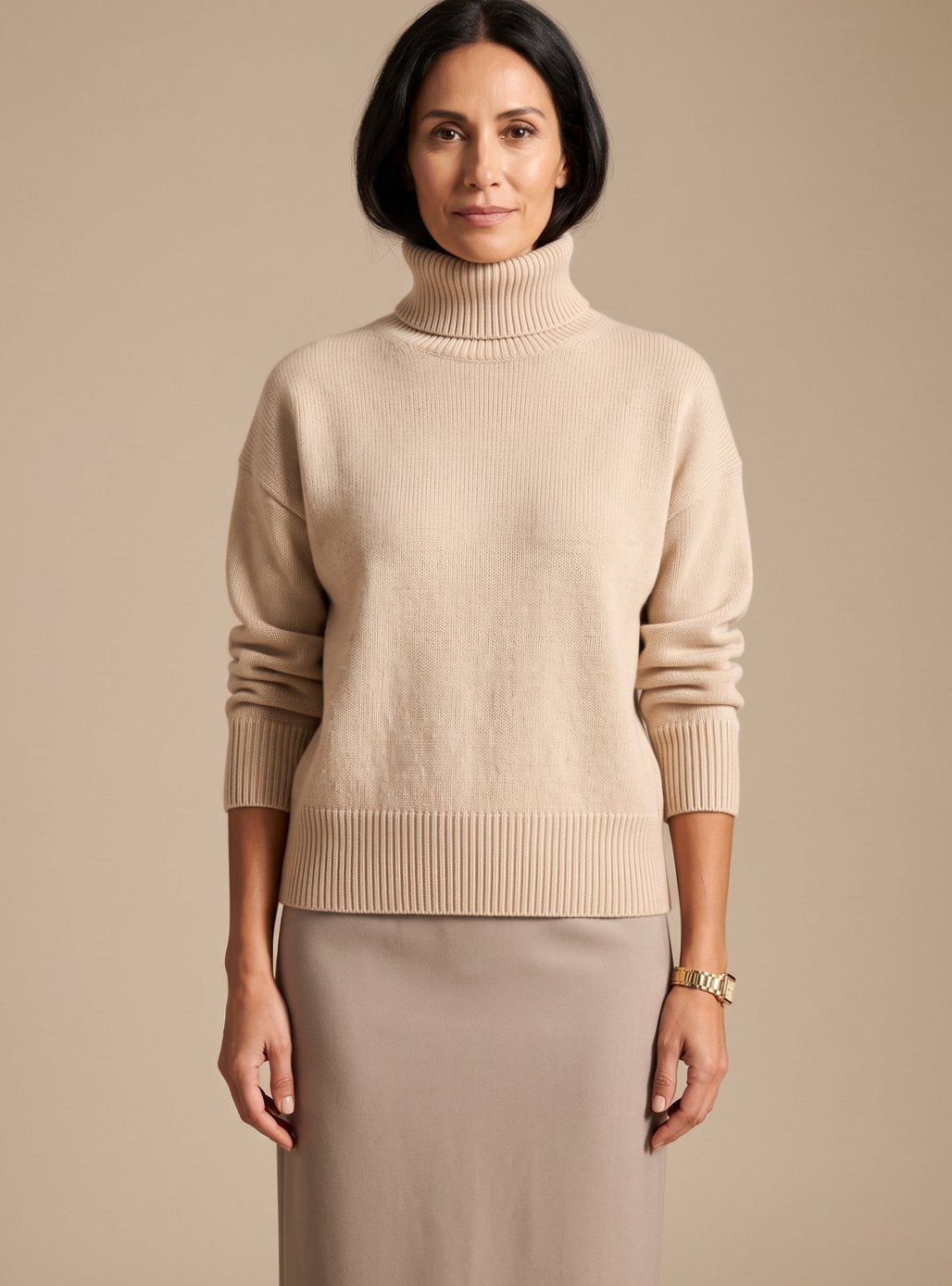 Damen Oversized Rollkragen Strickpullover Langarm - Beige