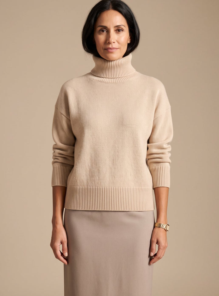 Damen Oversized Rollkragen Strickpullover Langarm - Beige
