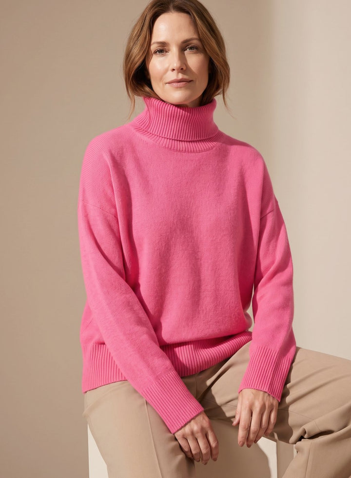 Damen Oversized Rollkragen Strickpullover Langarm - Rosa