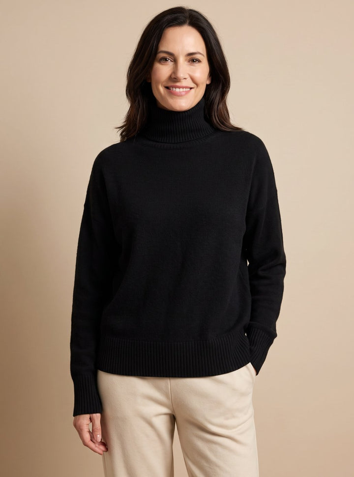 Damen Oversized Rollkragen Strickpullover Langarm - Schwarz