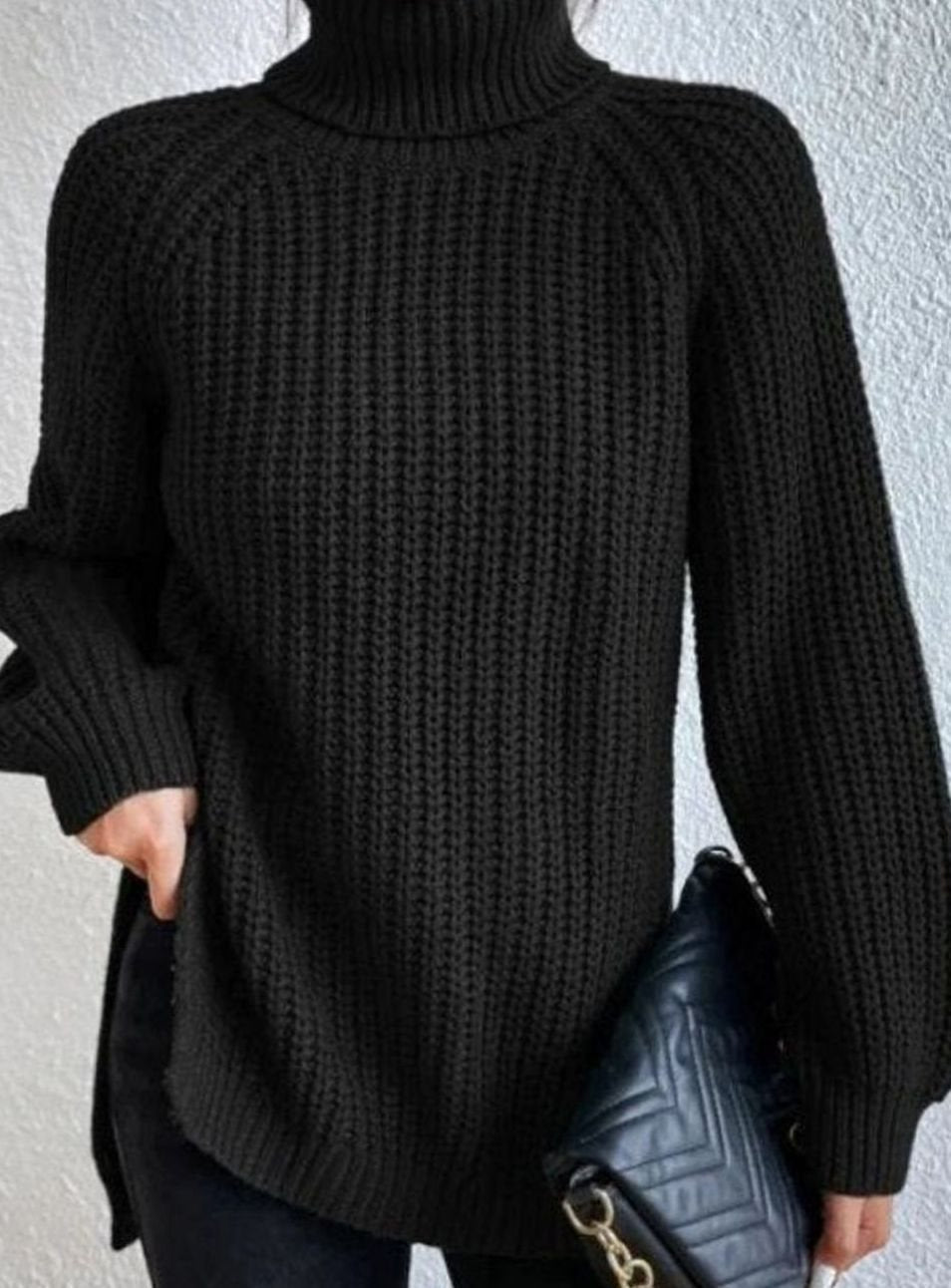 Damen Oversized Rollkragen Strickpullover mit lockerem Schnitt - Schwarz
