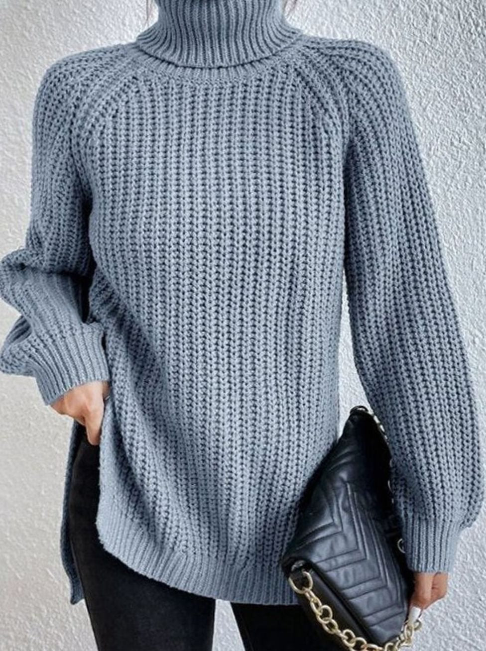 Damen Oversized Rollkragen Strickpullover mit lockerem Schnitt - Himmelblau