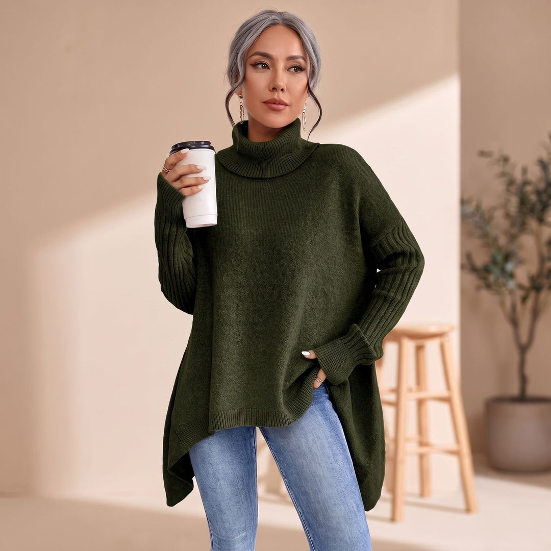 Damen Oversized Rollkragenpullover Kaschmirstrick Langarm - Dunkelgrün