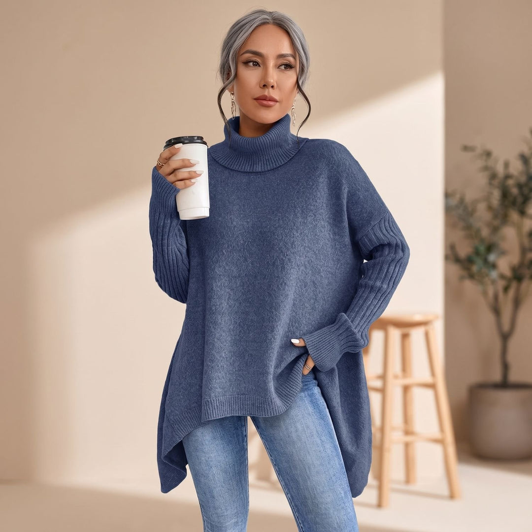 Damen Oversized Rollkragenpullover Kaschmirstrick Langarm - Marineblau