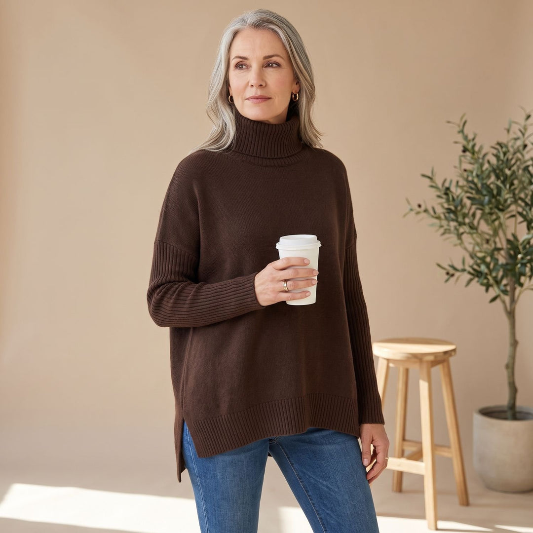 Damen Oversized Rollkragenpullover Kaschmirstrick Langarm - Hellbraun