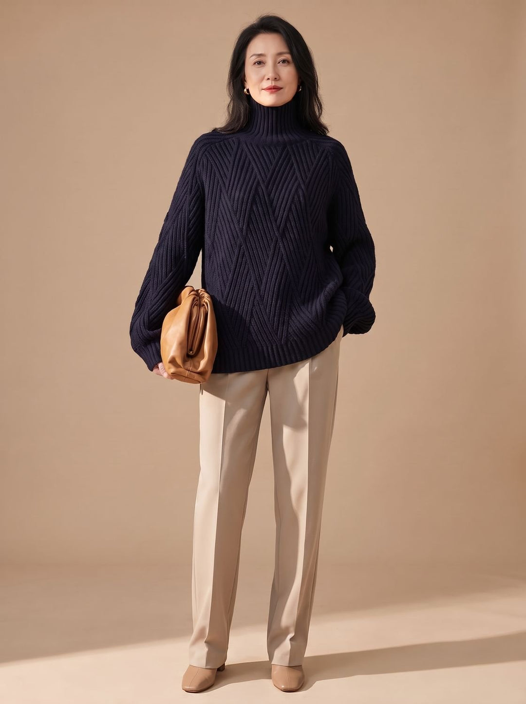 Damen Oversized Rollkragenpullover mit Zopfmuster